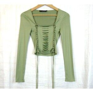 Finesse Lace Up Rave Top Women XS Green Cutout Corset Long Sleeve Cyber Punk Y2K